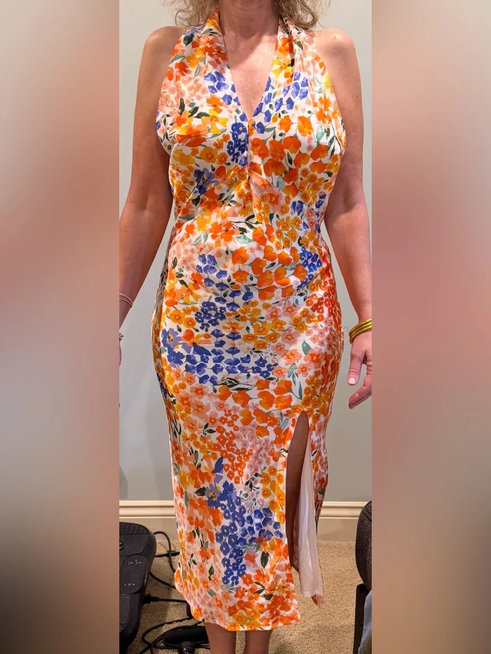 Lulu's White Floral Halter Maxi Dress with Orange‎ & Yellow Blooms Size Small
